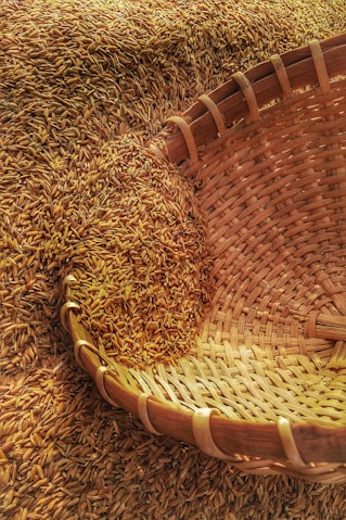 wicker basket on rice grains
