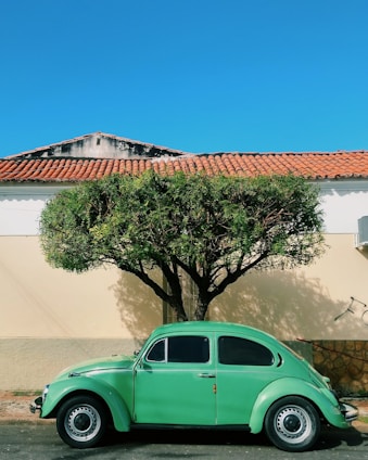A classic green car is parked on the street in front of a tree with a neatly trimmed rounded canopy. The background consists of a building with a light beige facade and a red tiled roof under a clear blue sky.