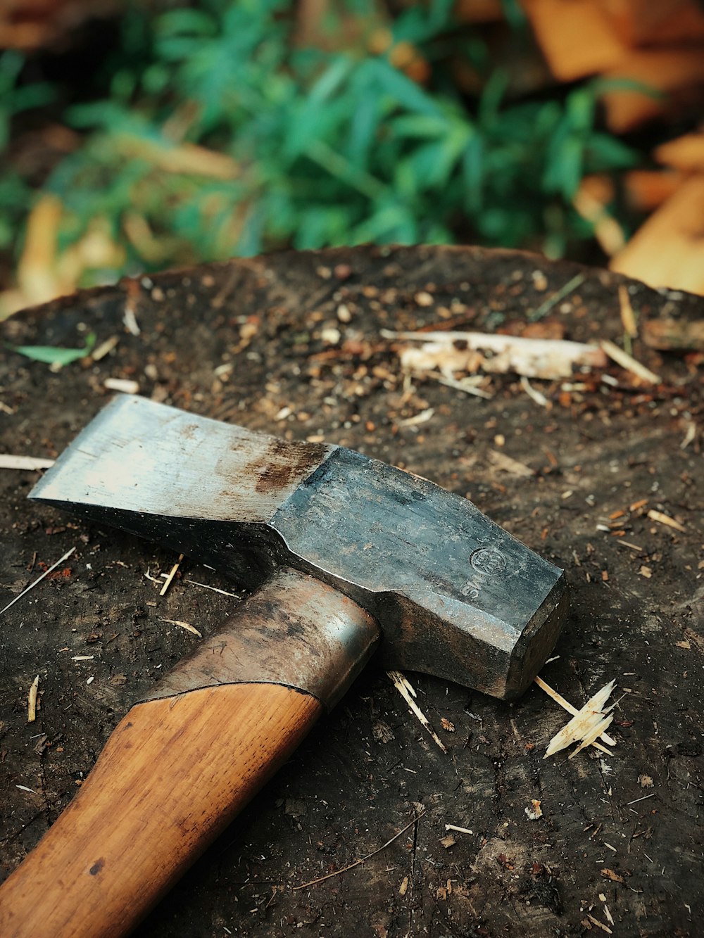 gray and brown axe on brown log