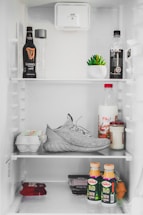 Inside a refrigerator, several food and drink items are organized on the shelves. On the top shelf, there's a bottle of Guinness beer, a Voss water bottle, a black bottled drink, and a small potted succulent plant. The middle shelf unexpectedly contains a single grey sneaker, a carton of eggs, a bottle of milk, and jars of condiments. The bottom shelf includes packs of cheese or similar items and two bottles of Bio Chefir yogurt. The refrigerator interior is bright and clean.