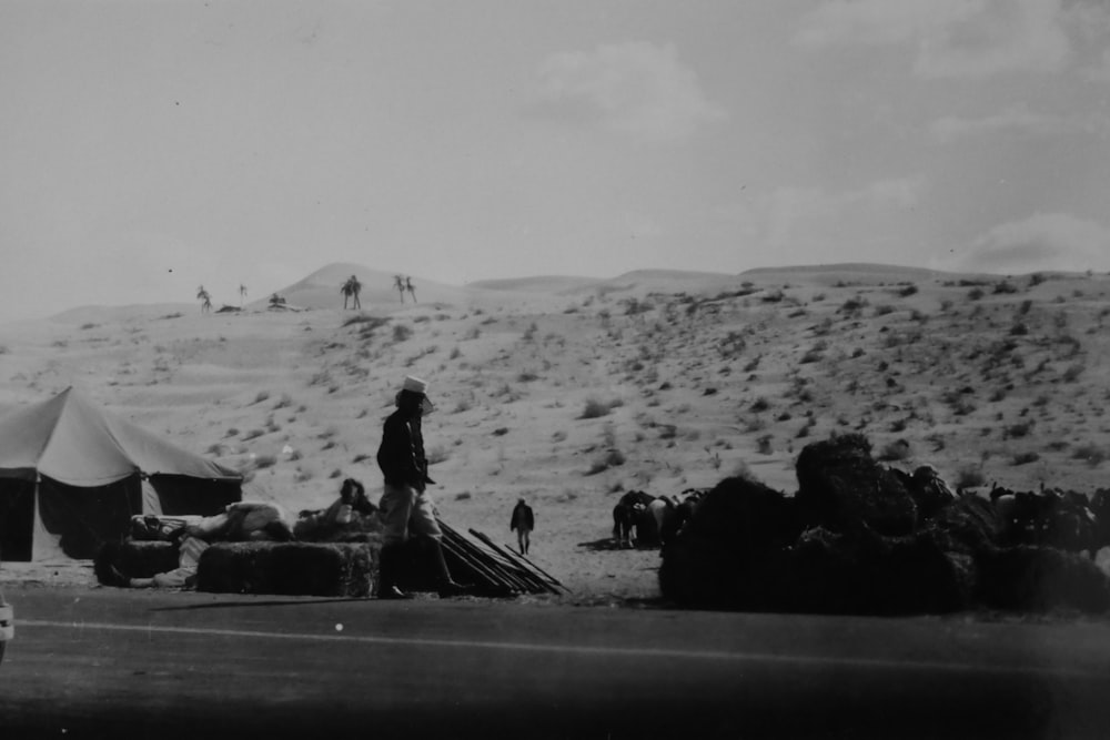 광활한 계곡에 서 있는 남자의 회색조 사진