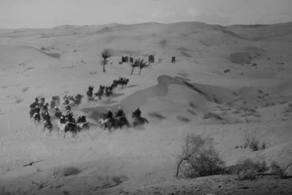 grayscale photo of men riding horses on desert