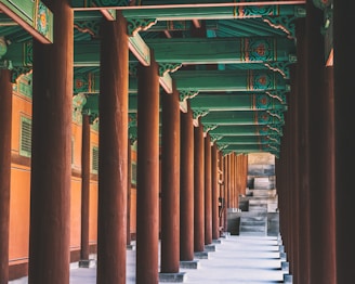 brown wooden post temple with green roof photo during daytime