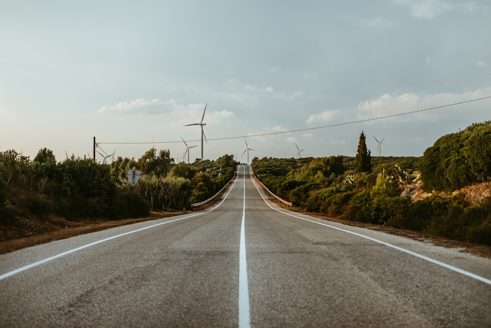 gray concrete road near windmills