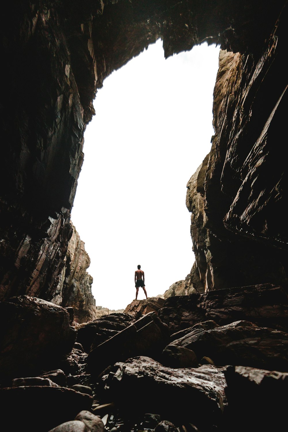 man standing on cave