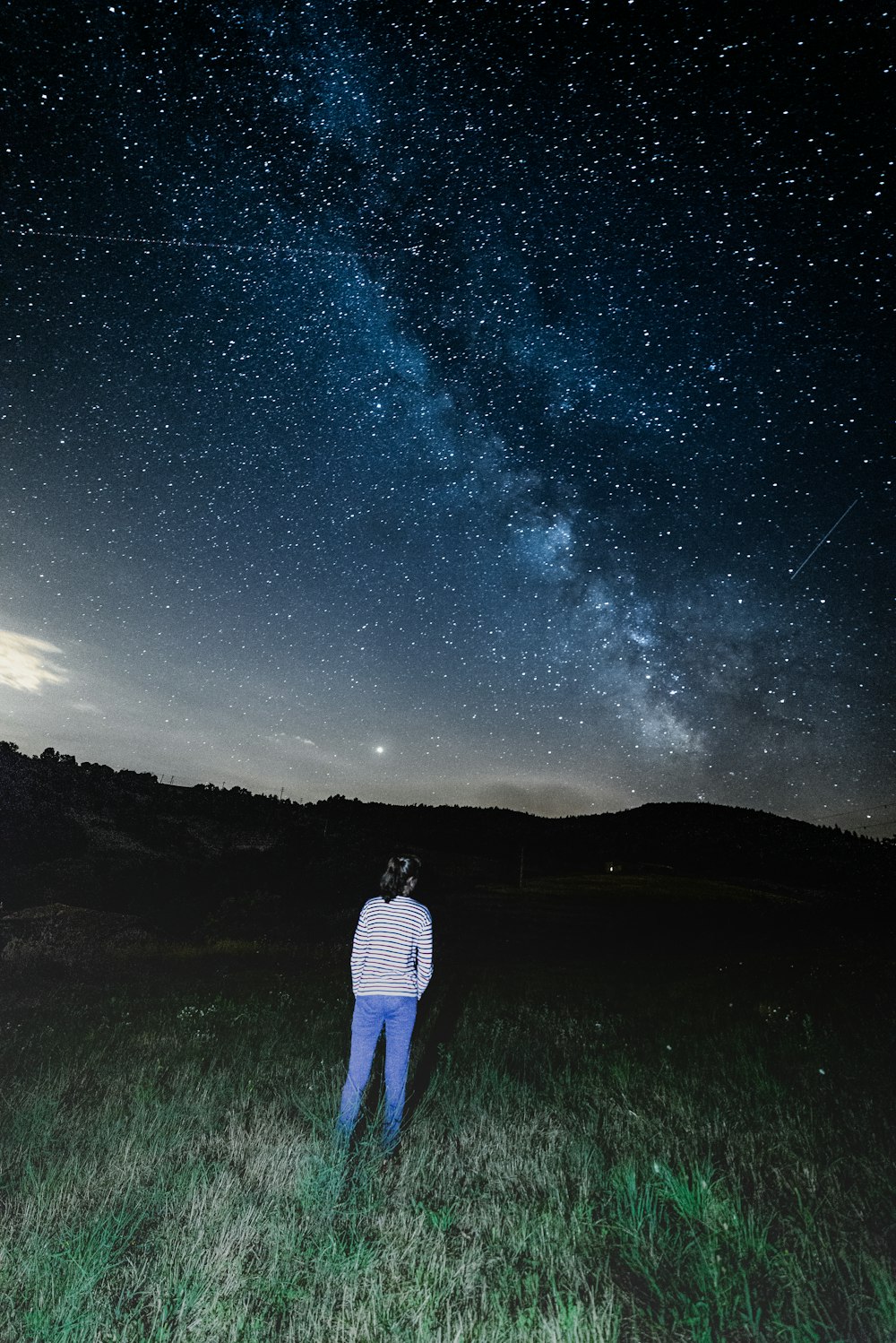 woman standing on green grass watching blue and black milky way