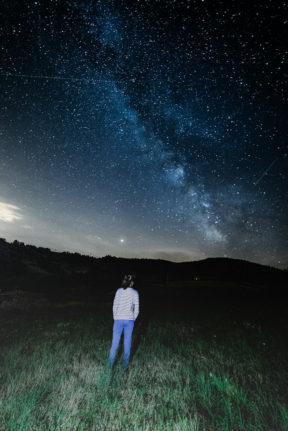 Donna in piedi sull'erba verde che guarda la via lattea blu e nera