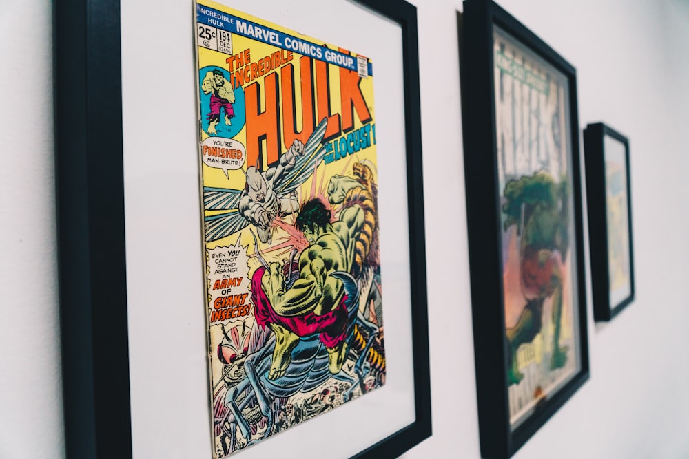 black wooden framed The Incredible Hulk comic book