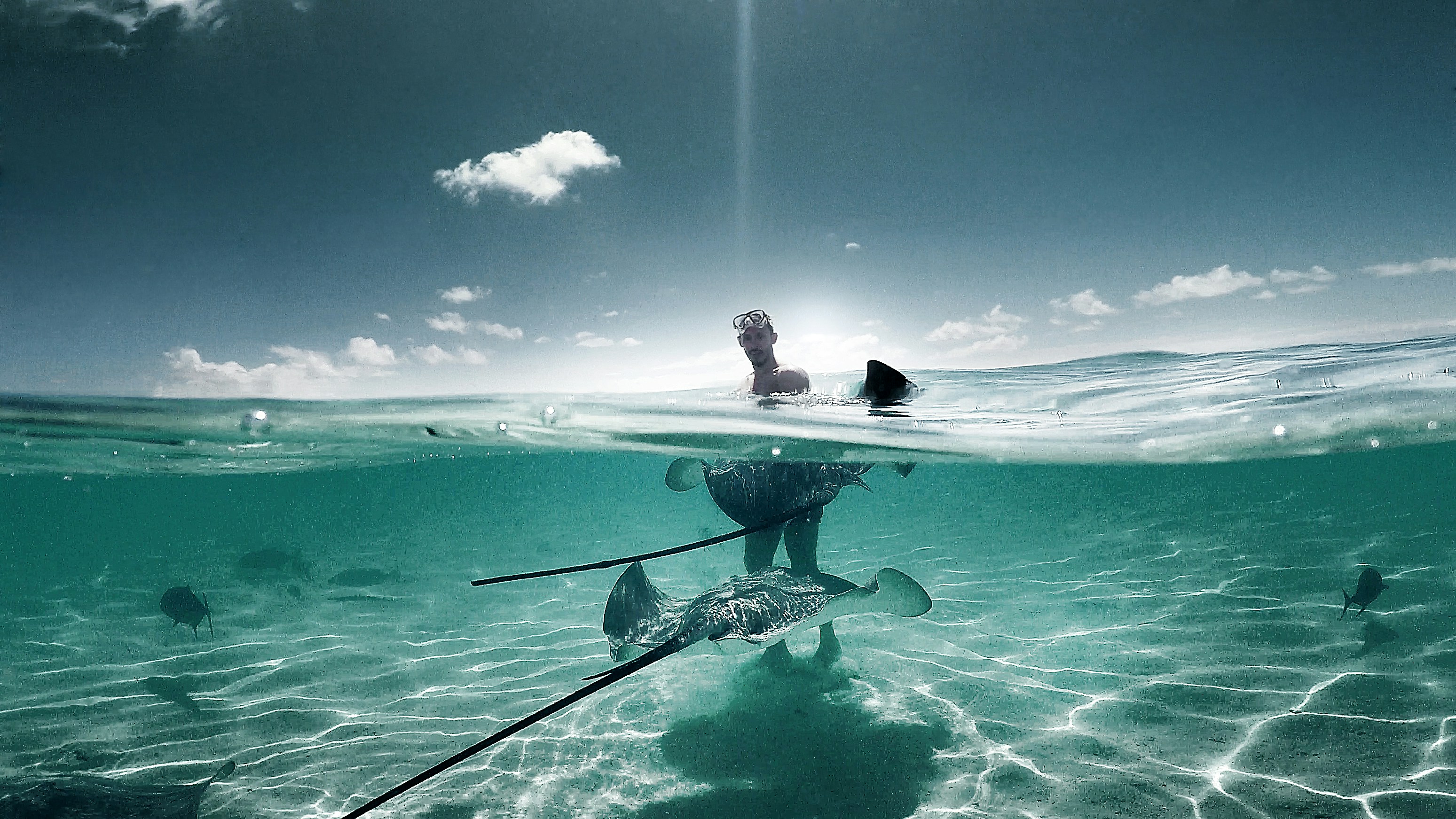 man in ocean under blue sky at daytime