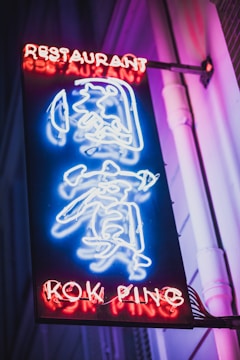 A neon sign with bright red and blue colors displays the word 'Restaurant' and possibly a foreign language script. The sign is mounted on a wall, giving off a vibrant glow against the dark surroundings, creating a nighttime urban ambiance.