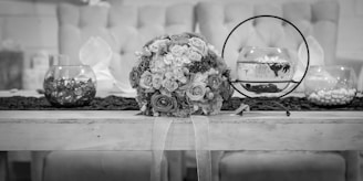 A creative floral centerpiece displayed on a table.