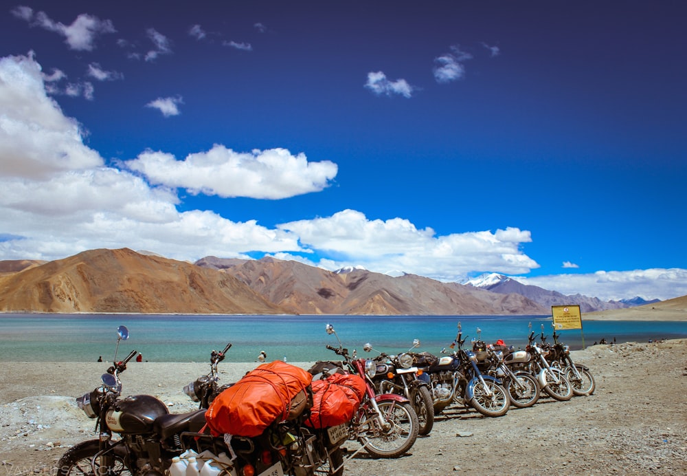 assorted-color motorcycle lot parked beside body of water