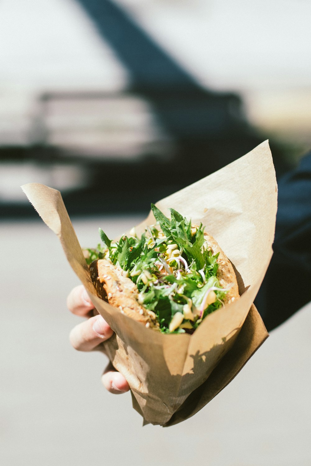 personne tenant un sac en papier brun avec un sandwich aux légumes