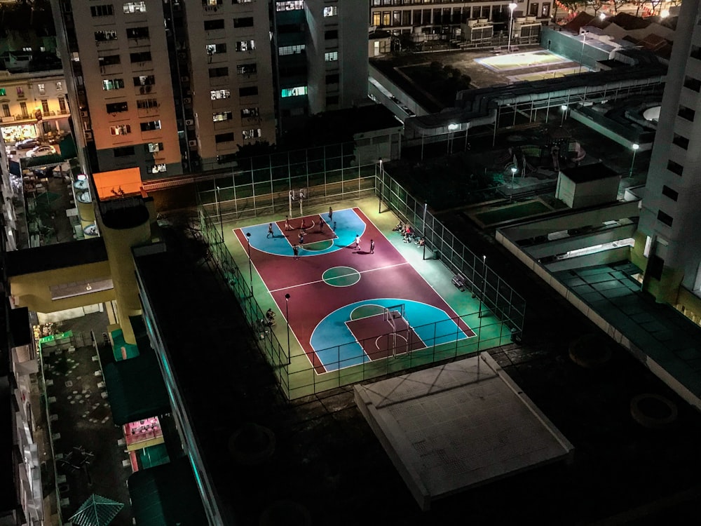 aerial photo of basketball court on top of the building