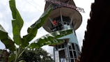 A tall observation tower with large letters spelling 'ZIP-LINE TO DARK CAVE' at the top. There are two people in red helmets and harnesses on a balcony, likely preparing for a zip-line activity. Large green banana leaves are in the foreground, partially obscuring the view. The sky is cloudy and the scene has a tropical feel from the surrounding vegetation.