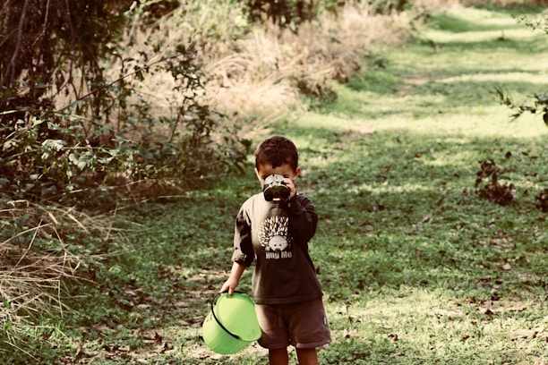 Children observing insects with magnifying glasses outdoors in a forested area.