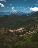 buildings in the middle of mountains and trees