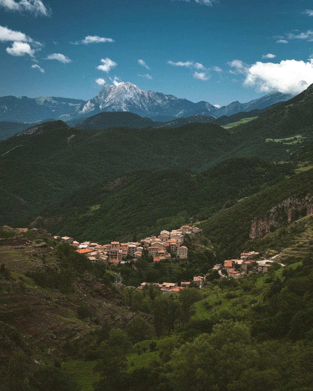 buildings in the middle of mountains and trees