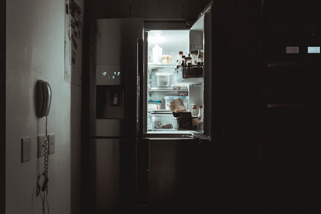 Technician carefully inspecting a Siemens refrigerator inside a customer's kitchen.
