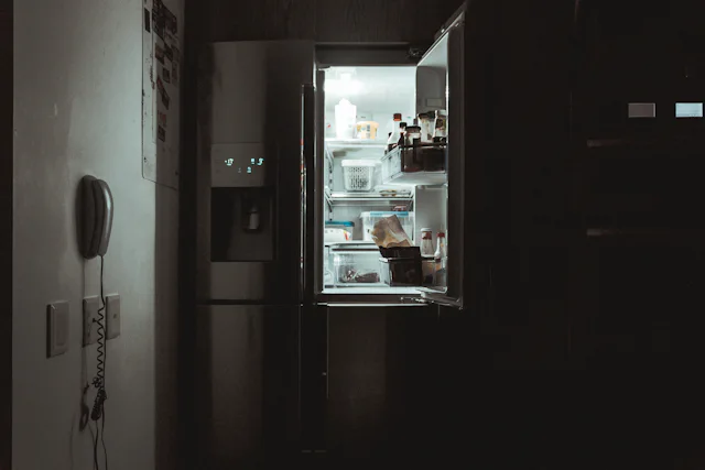 Silver French-door refrigerator, the type of unit our Somerville technicians repair