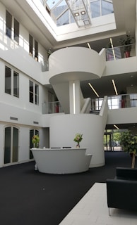 Sunlit office lobby with sleek minimalist design