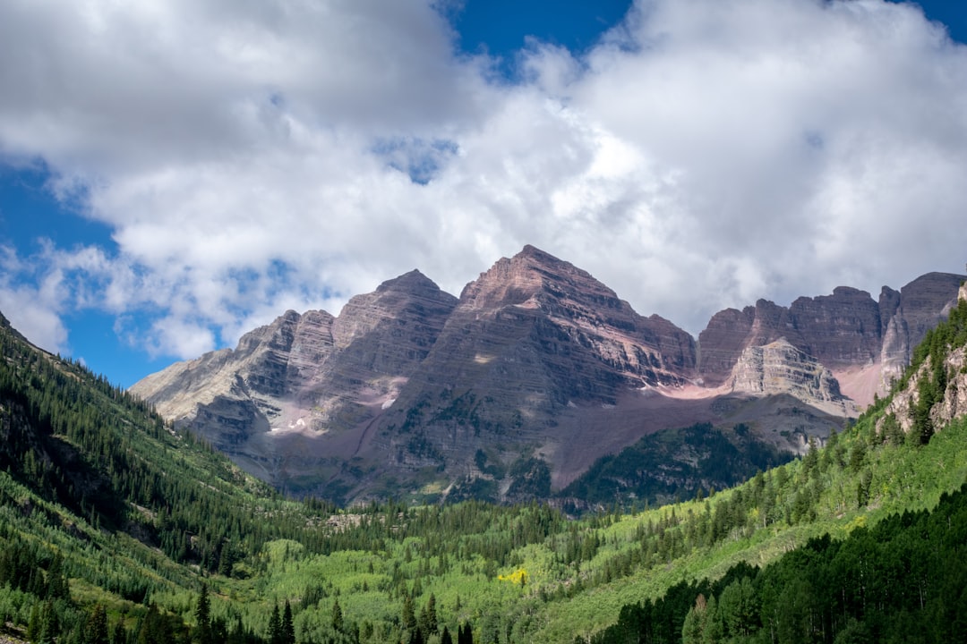 high-angle photography of mountain near field of trees