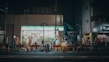 A nighttime construction scene in front of a FamilyMart convenience store. There are construction workers in high-visibility clothing, orange and white traffic cones, and barriers marking the work area. A small excavator is also visible, along with various construction equipment and tools. The store has bright fluorescent lighting, contrasting with the dim street.