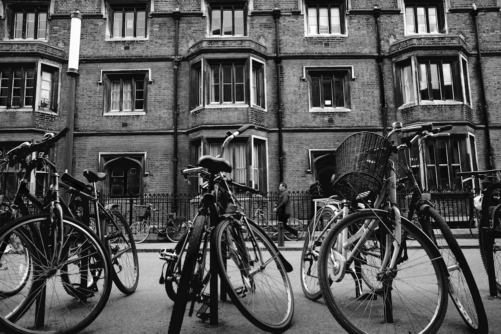 grayscale photography of bicycles