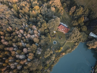 Aerial view of a villa with a red roof and surrounding trees