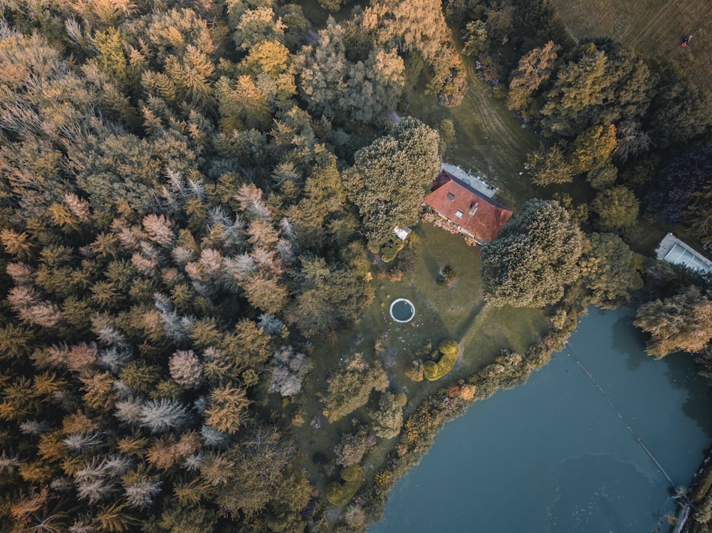 aerial photography on brown mansion near body of water