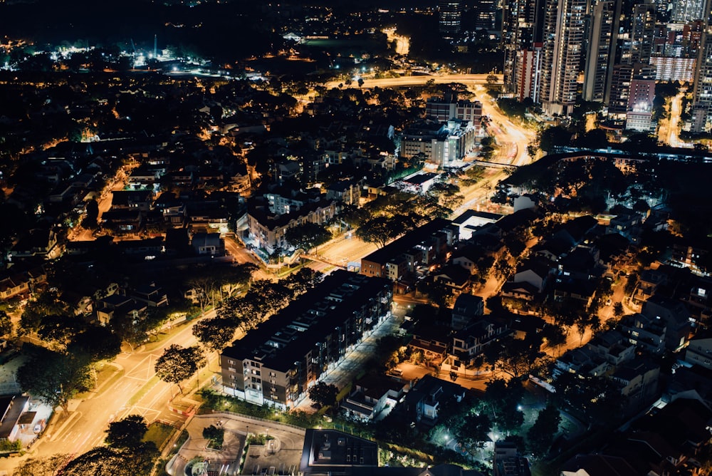 bird's-eye view photography of city buildings during nighttime