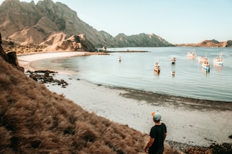 person standing on shore near boats during daytime