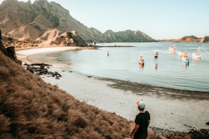 person standing on shore near boats during daytime