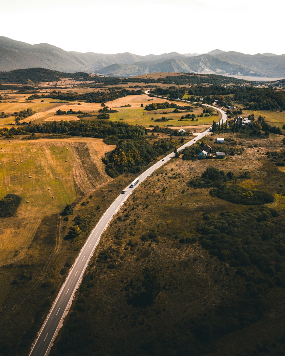 aerial photography of road near fields and trees