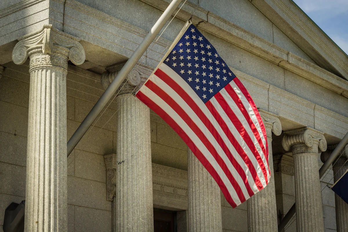 A courthouse exterior under an open sky