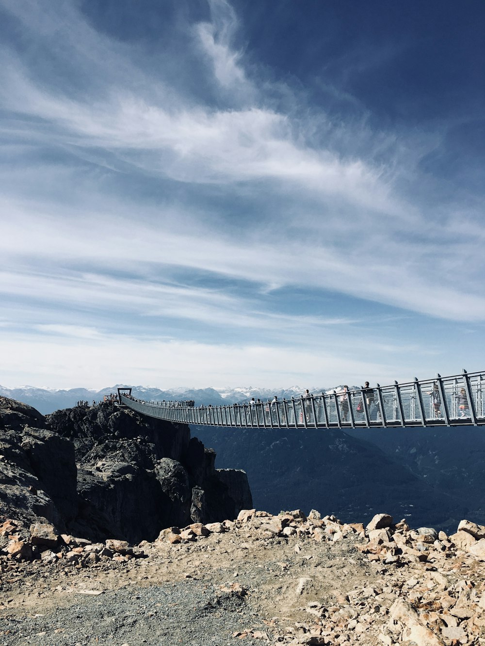 people walking on gray hanging bridge under white clouds during daytime