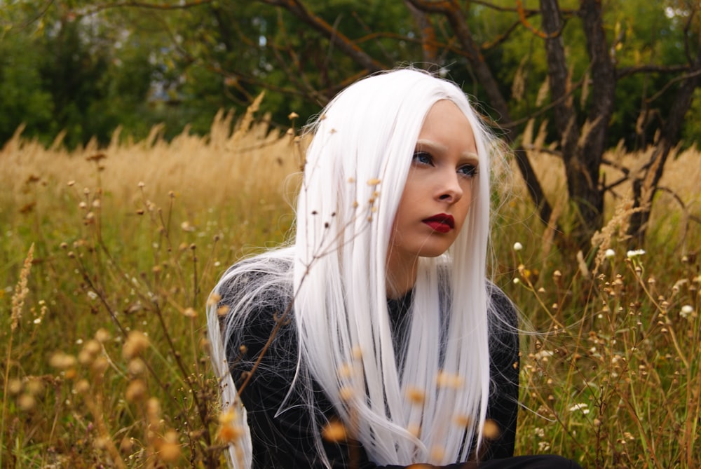 Woman Wearing Black Shirt With Long White Hair Photo Free People