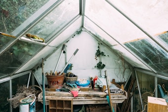 A cluttered greenhouse interior with gardening tools and supplies strewn across a wooden bench. Items include a bucket labeled 'FIRE,' small hand tools, gloves, a blue container, and plant pots. Vines and dried plants decorate the corners, and sunlight filters through the glass panes above.