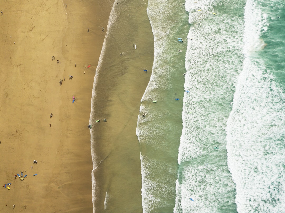 group of people enjoying beach aerial photography, An aerial shot looking down over people learning to surf on a beach i