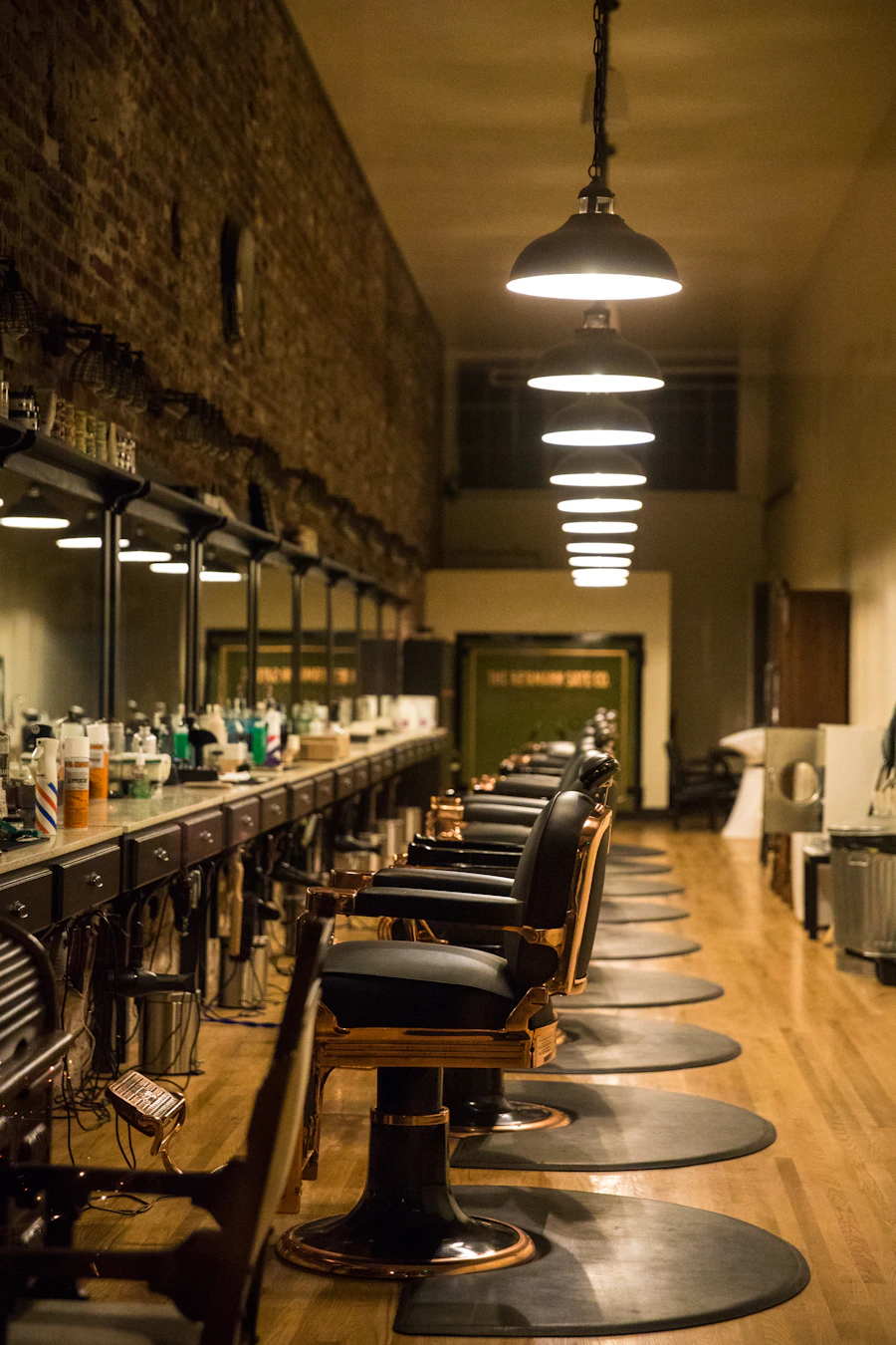 Modern hair salon interior with styling chairs and pendant lighting
