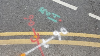 Road markings on asphalt include double yellow lines, indicating no parking restrictions, and several colored spray paint markings in red, white, cyan, and orange, possibly denoting utility lines or underground work.