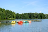 Several brightly colored pedal boats are moored to a wooden dock extending into a calm lake. The water reflects the clear blue sky above. A flagpole with a flag flutters at the end of the dock. Lush green trees form a dense backdrop along the shoreline.