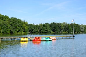 Several brightly colored pedal boats are moored to a wooden dock extending into a calm lake. The water reflects the clear blue sky above. A flagpole with a flag flutters at the end of the dock. Lush green trees form a dense backdrop along the shoreline.