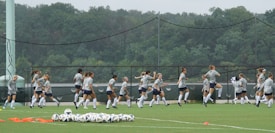 A group of people are actively warming up on a soccer field, wearing matching athletic gear. Numerous soccer balls are scattered on the grass nearby, and a lush forest background stretches across the scene behind a fence.