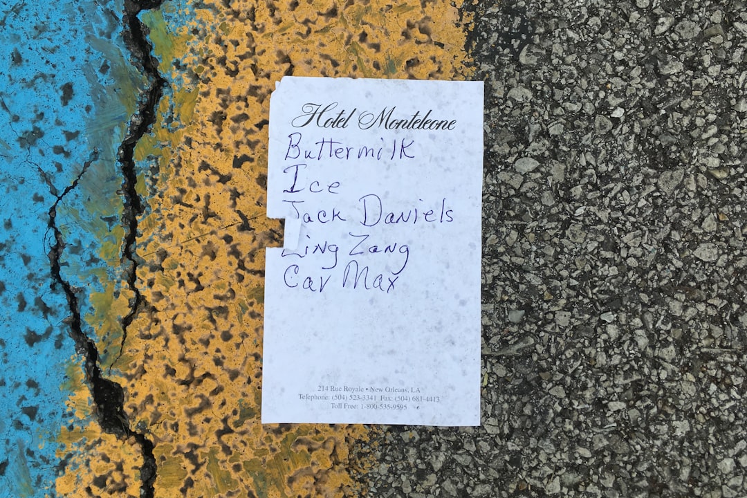 It’s always fascinating to read a stranger’s shopping list. I found this one in the parking lot of my local Walmart in Carthage, MO. Between the odd assortment of items, the notepad from a New Orleans hotel, and the contrast of white paper on paint and asphalt, it made a really interesting picture.