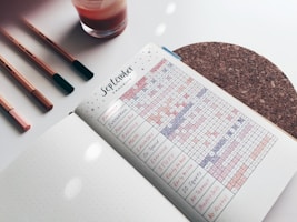 A journal or planner is open to a page labeled 'September Tracking' filled with a grid of habits tracked daily. The page includes various activities such as Pinterest, Instagram, studying, and more, with different colored markers filling the grid. To the left are three pens and a glass, while underneath is a cork coaster.