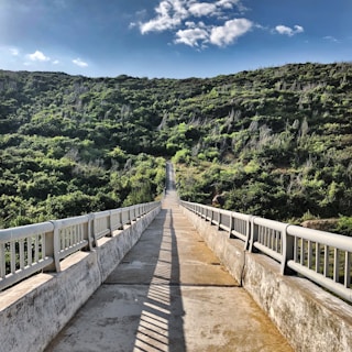 A long concrete walkway with railings leading through lush green hills under a vibrant blue sky with a few clouds. The path creates a sense of direction and depth, inviting exploration into the distance.