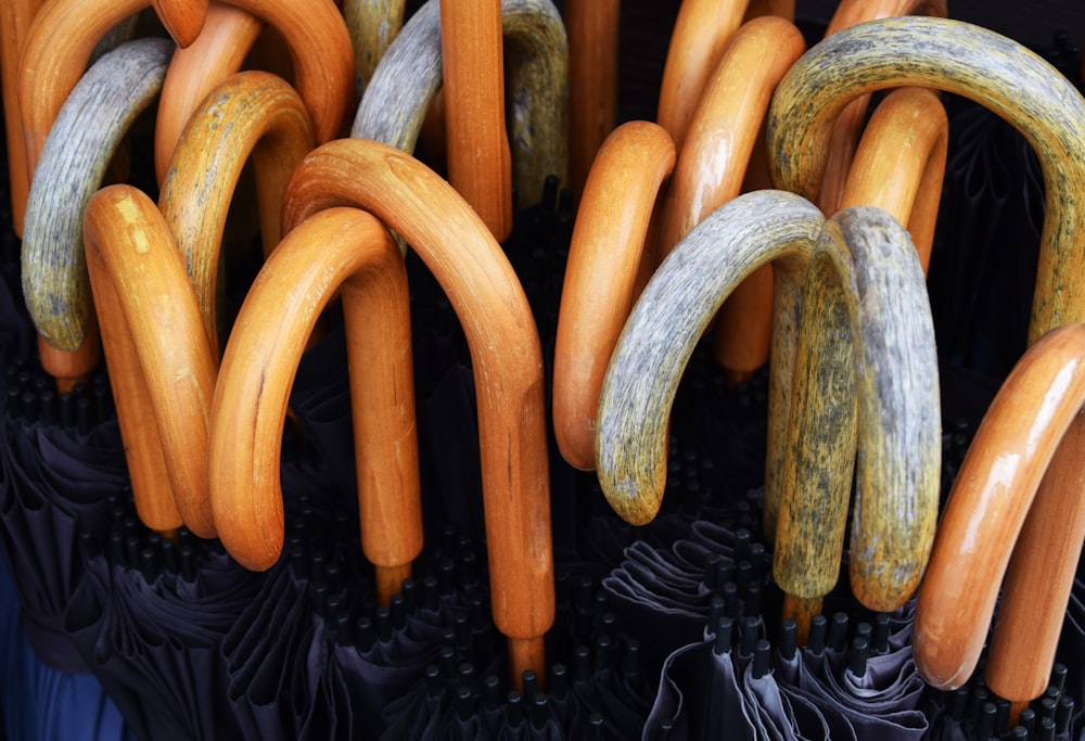 close-up photography of umbrella lot