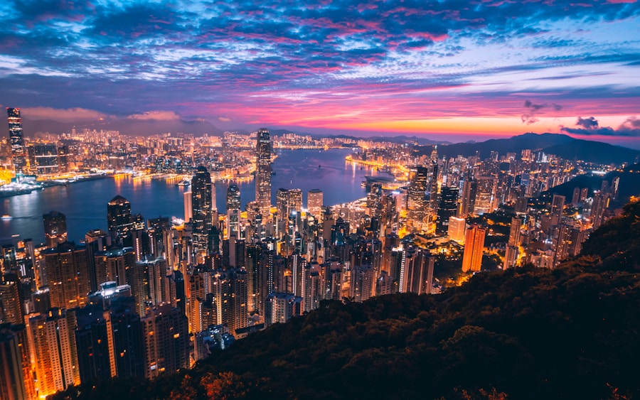 Hong Kong evening skyline in soft rain mist
