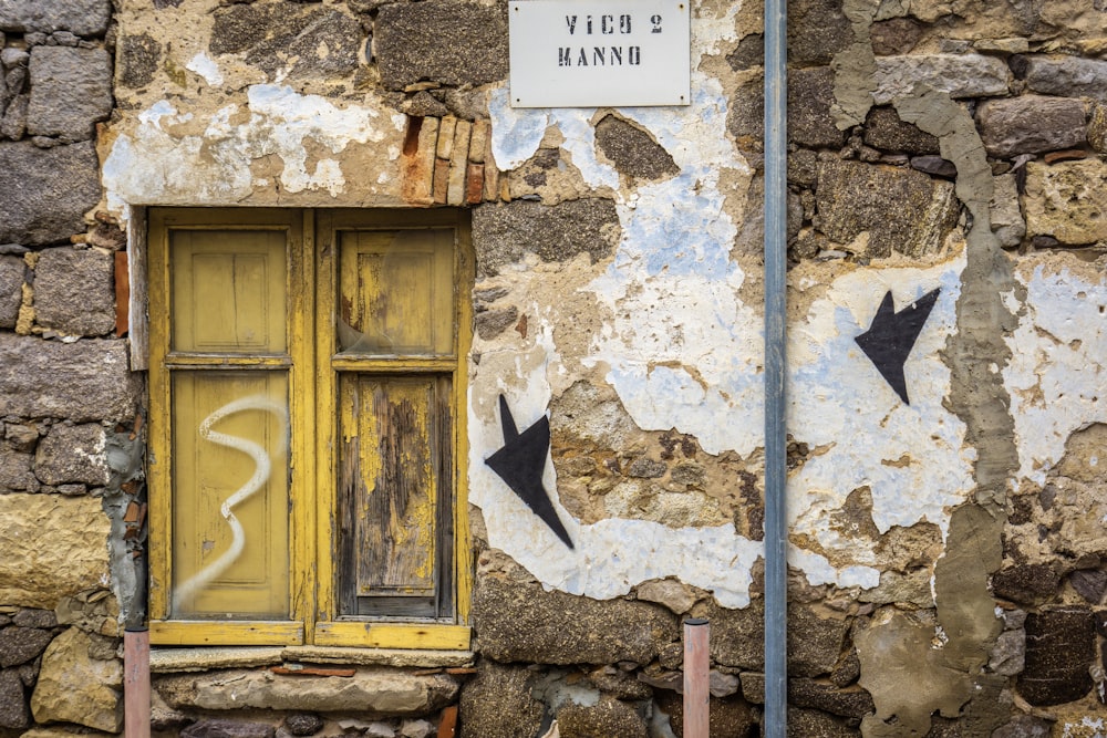 Panneaux de fenêtre en bois jaune à côté d’un mur en béton brun